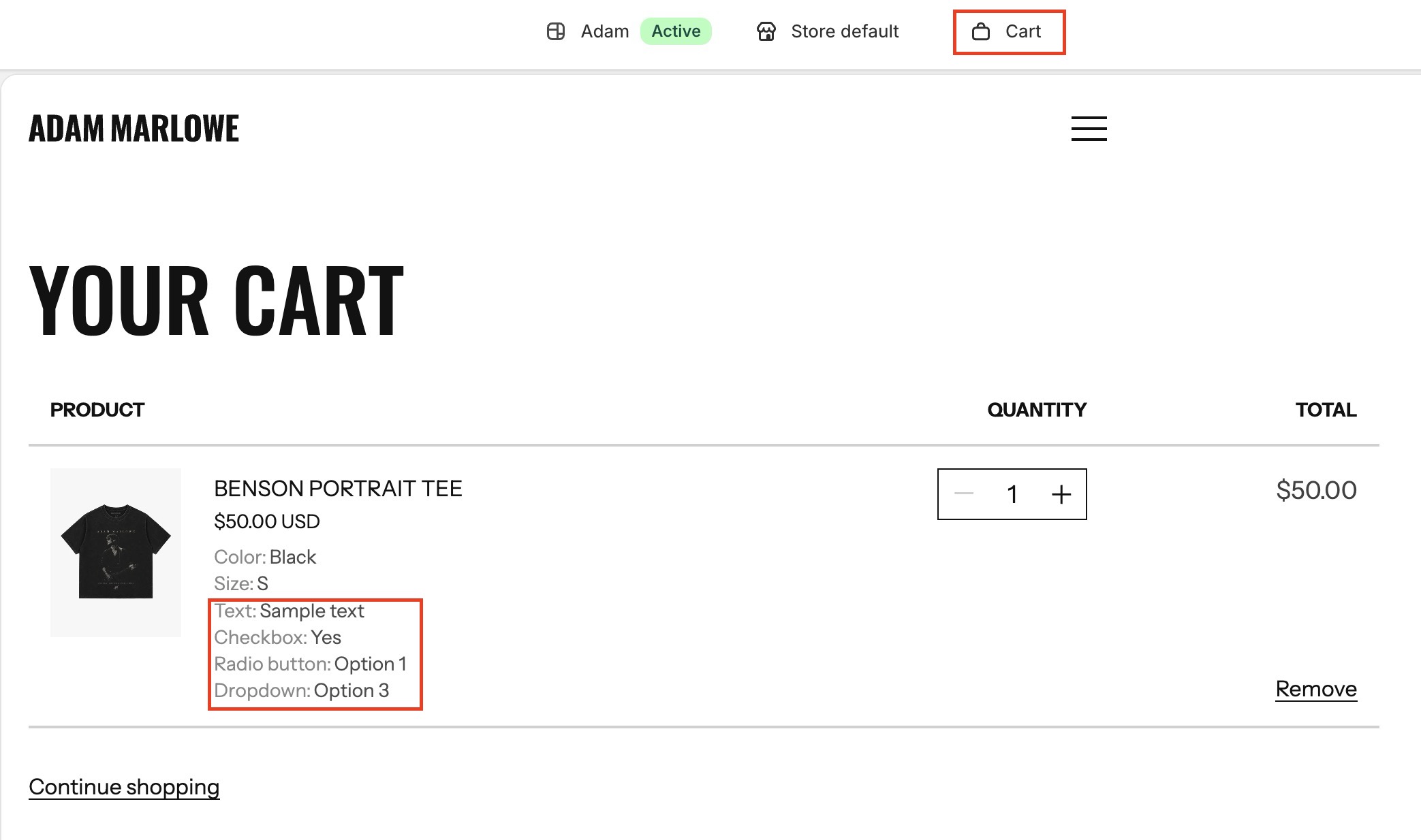 Product line item properties cart page