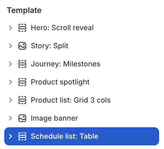 Schedule list: Table