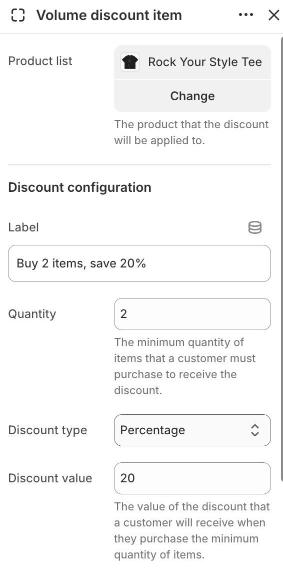 Volume discount item settings